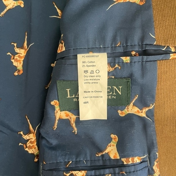 Lauren Ralph Lauren corduroy brown dog print elbow patch blazer sport coat 48R - Picture 7 of 8